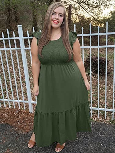 OFEEFAN Long Dress Womens Maxi Dresses Summer Ruffle Sleeve Tiered Dress Army Green M - Image 2