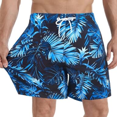 zeetoo Mens Swim Trunks with Compression Liner 5.5" Inseam Shorts Bathing Suit Quick Dry Swimsuit Leaf-darkblue 2XL - Image 4