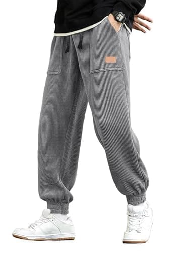 JMIERR Mens Corduroy Pants Elastic Waist Drawstring Stretch Tapered Joggers Sweatpants Work Cargo Pants with Multi Pockets,US34(M),Gray - Image 1
