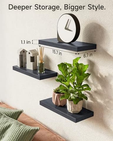 BAYKA Floating Shelves for Wall, Wall Mounted Rustic Wood Shelves for Bathroom, Bedroom, Living Room, Kitchen, Hanging Shelf for Books/Storage/Room Decor with 22lbs Capacity (Black, Set of 3, 15.7in) - Image 3