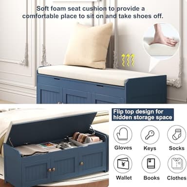 HOMEFORT 41.3" Shoe Bench with Lift Top Storage, Entryway Bench with Cushioned Seat, Wooden End of Bed Bench, Shoe Cabinet Bench with Hidden Storage Space, for Bedroom, Hallway,Blue - Image 5