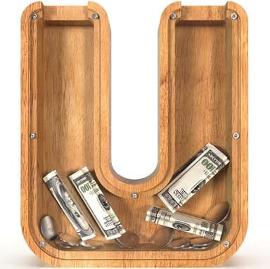 Piggy Bank for Kids Boys Girls, Large Personalized Wooden Letter Piggy Bank with Cut-Out Design, Alphabet Letter Coin Banks, Money Savings Box, Wooden Bank for Kids Creative Gift for Real-Money(U - Image 3