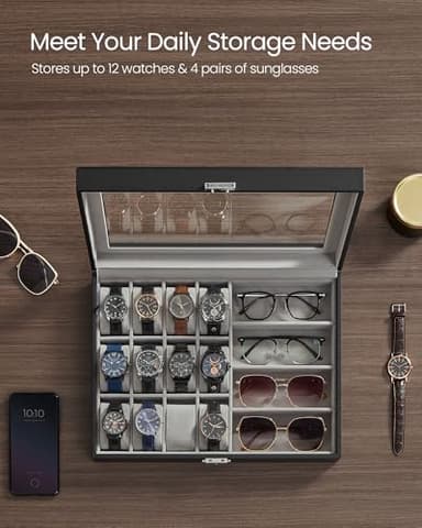 SONGMICS 16-Slot Watch Box, Lockable Storage Case With Glass Lid, Gift Idea, Ink Black Synthetic Leather, Dove Gray Lining UJWB112G01 - Image 3