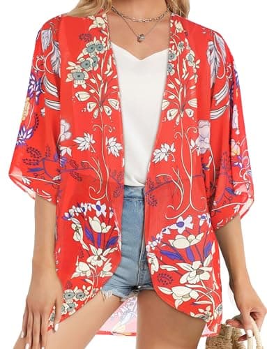 Summer Kimono Cardigan for Women Sheer Boho Tops Casual Open Front Swimwear Shirts Beach Cover ups (Boho Red,L) - Image 3