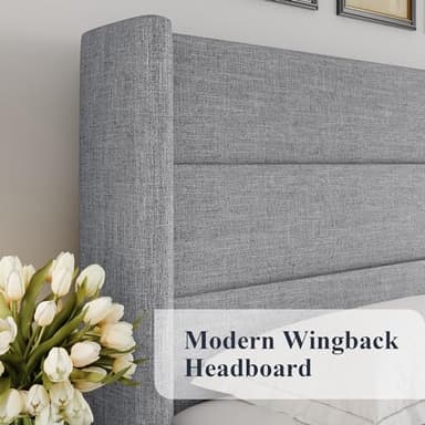 Allewie Queen Size Lift Up Storage Bed, Modern Wingback Headboard, Hydraulic Support, No Box Spring Needed, Light Grey - Image 4