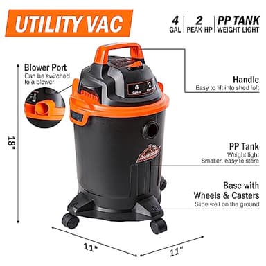 Armor All VO405P 0901 4 Gallon Wet/Dry Vac 2.0 Peak HP Shop Vacuum with Nozzles & Brush,Black/Orange - Image 3