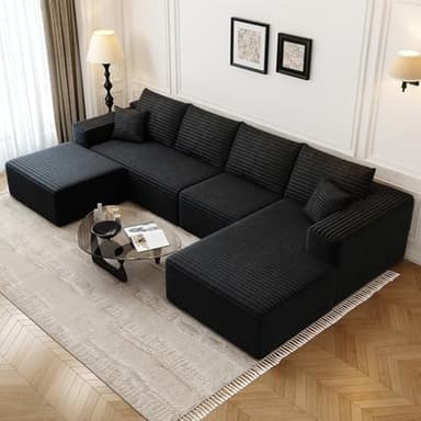 135.4"Cloud Modular Sectional Couch with 1 Ottoman,Modern Minimalist Upholstered Couches, Comfort U Shaped Sofa for Living Room,Deep Seat Corner Couch，No Assembly Required (Black,Right Facing Chaise) - Image 1