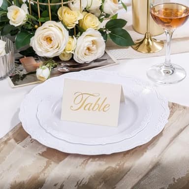 U-QE 100 Pieces White Plastic Plates - White Disposable Plates - Premium Hard Plastic Disposable Plates for Wedding and Party Use Including 50 Dinner Plates 10 '' & 50 Dessert Plates 7.5 '' - Image 3