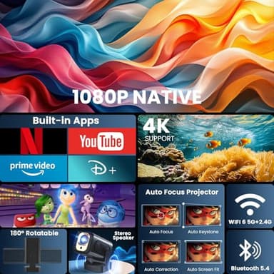 Projector [Auto Focus & 1080P Native & Built-in Apps] Projector 4K Support Auto Correction WiFi 6 Bluetooth 5.4 Mini Portable Projector Compatible with HDMI/TV Stick/Memory Stick/Laptop, Black - Image 2