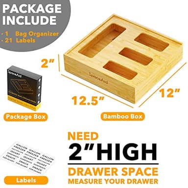 SpaceAid Bag Storage Organizer for Kitchen Drawer, Bamboo Organizer, Compatible with Gallon, Quart, Sandwich and Snack Variety Size Bag (1 Box 4 Slots, Natural, 2" High) - Image 3