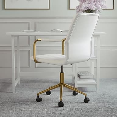 Martha Stewart Taytum Swivel Task Chair with Armrests for Home Office in White Faux Leather with Polished Brass Frame - Image 7