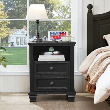 SAVOR LIFE Farmhouse Nightstand Set of 2 with Charging Station, Rustic Black Nightstand,2 Drawers End Table for Living Room,Bedside Table with Open Shelf for Bed Room,Black - Image 9