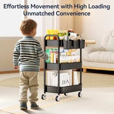 YASONIC 3 Tier Rolling Cart - Metal Utility Cart with Wheels, Hanging Cups, Hooks, Heavy Duty Mesh Rolling Storage Cart Organizer, Craft Cart for Kitchen Office, Lightweight and Sturdy - Image 4