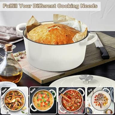 P&P CHEF 7QT Enameled Dutch Oven, Cast Iron Dutch Oven Pot with Lid for Bread Baking, Enameled Casserole Pot for Roasting Braising Stewing Frying Simmering, Various Stoves & Easy Clean, White - Image 7