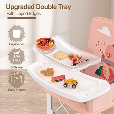 Baby Travel Booster Seat with Double Tray, BabyBond Upgraded Toddler Portable Baby Chair, Booster Seat for Dining Table, Stable and Foldable Booster Baby Chair for Indoor/Outdoor (Pink Dinosaur) - Image 4