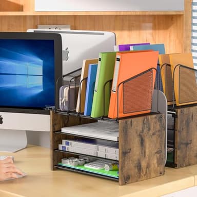 4-Tier Desk Organizer, Desk File Organizer with 5 Vertical File Holders, Office Desktop Organizer with 3 Level Paper Organizer Letter Tray, Wooden Desk Organizers and Accessories for Home Office - Image 4