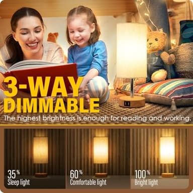 Yarra-Decor Bedside Table Lamp with USB Port - Touch Control for Bedroom Wood 3 Way Dimmable Nightstand Lamp with Round Flaxen Fabric Shade for Living Room, Dorm, Home Office (LED Bulb Included) - Image 2