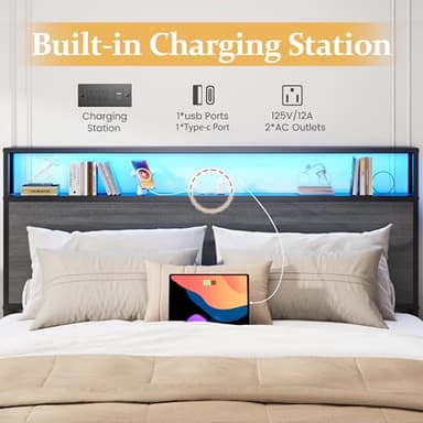 Lifezone Queen Bed Frame with 2-Tier Storage Headboard, Metal Bed Frame with Storage Drawers & Built-in Charging Station & LED, Noise-Free, No Box Spring Needed, Easy Assembly, Rustic Grey - Image 3