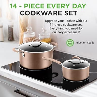 NutriChef 14-Piece Nonstick Cookware PFOA/PFOS-Free Heat Resistant Lacquer Kitchen Ware Set w/Saucepan, Frying Pans, Cooking, Dutch Oven Pot, Lids, Utensils, NCCW14S, Shiny Golden - Image 2