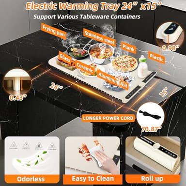 Food Warmer Mat for Buffet Electric Warming Trays for Party Food Trays Food Warming Mats for Countertop with 9 Temp. 104-248℉,8s Fast Food Heating Pad 6 Timers Roll up Silicone Warming Mat 24x15 - Image 7