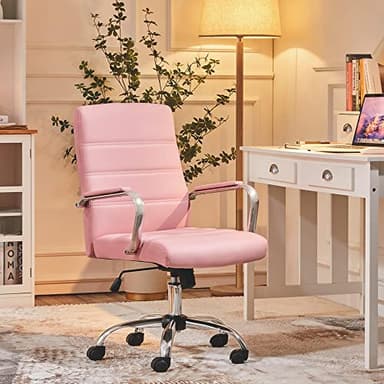 Yaheetech Mid-Back Office Chair with Arms Swivel PU Leather Height Adjustable Office Executive Chair, Pink - Image 2