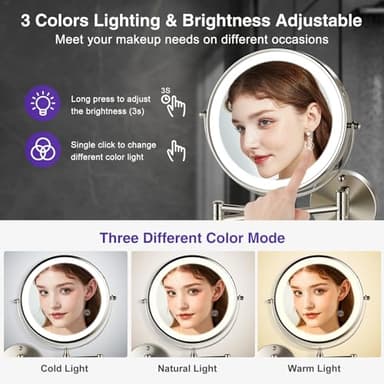 GREENFROM Magnifying Mirror with Lights 1x/15x: 8.5" Double Sided Wall Mounted Lighted Makeup Mirror for Bathroom, Brushed Nickel - Image 3
