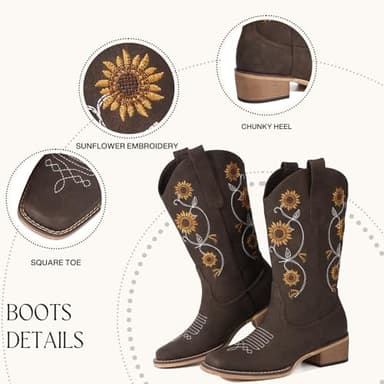 Bybmorto Brown Cowboy Boots for Women - Mid Calf Western Sunflower Cowgirl Boots with Floral Embroidery, Square Toe Stitched Pull On Retro Design, Perfect for Country Idyll, Concerts and More Size 8 - Image 4