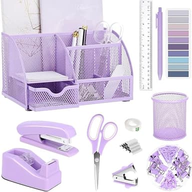Purple Office Desk Accessories Supplies, 12pcs Desk Organizers and Accessories with Tape dispenser and Stapler,Staples,Staple Remover,Pen Holder,Scissor,Ruler,Sticky Tabs,Tape,Ballpoint Pen,Clips Set - Image 1