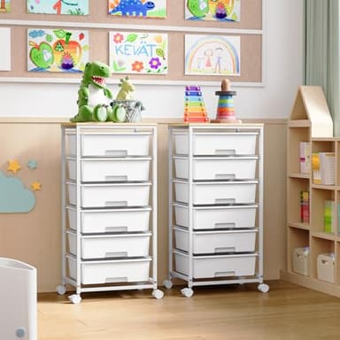 Rolling Storage Cart with Drawers,Utility Cart with 6 Large Drawers and Wooden Tabletop,Craft Storage Cart with Lockable Wheels for Bedroom, Office, Classroom, Kids'Room, Living Room (White) - Image 9