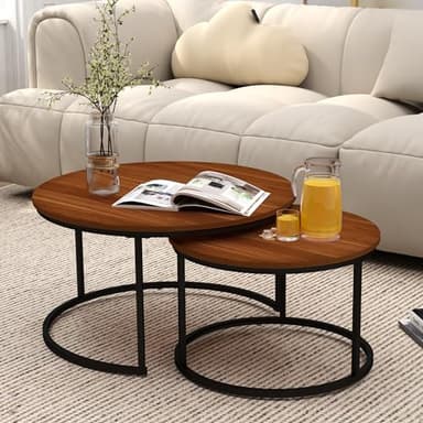Otterease Nesting Tables Set of 2, 31.5" Round Coffee Table, Small Nesting Coffee Table with Adjustable Non-Slip Fee, Wood Grain Top Nesting Tables for Living Room, Bedroom (Wood Grain Brown) - Image 1