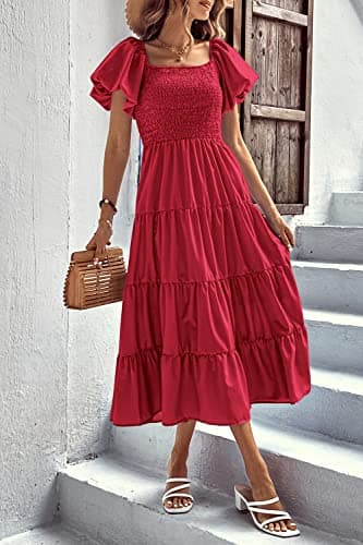 PRETTYGARDEN Women's Casual Summer Midi Dress Puffy Short Sleeve Square Neck Smocked Tiered Ruffle Dresses (Red,Medium) - Image 7