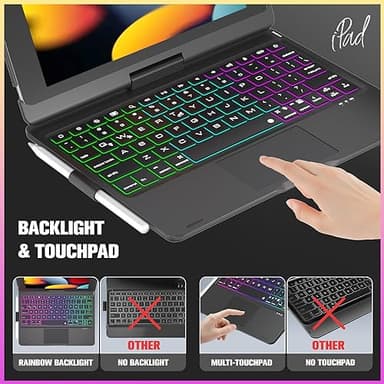 NOKBABO iPad 9th Generation Case with Keyboard 360° Rotatable Touchpad and 7 Color Backlight & Pencil Holder for iPad 9th/8th/7th Gen 10.2 inch & iPad Air 3rd Gen/iPad Pro 10.5 inch - Black - Image 7