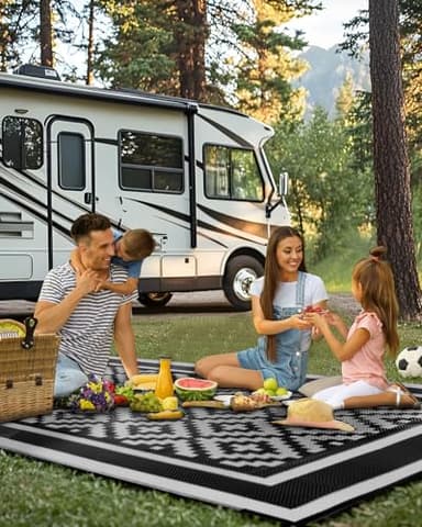 Kohree RV Outdoor Rug 9x12 Reversible, Waterproof Patio Mat with 4 Stakes & UV Fade Resistant, Non-Slip Outdoor Camping Mat for Deck, Picnic, Backyard, Includes Carry Bag (Black & Gray) - Image 5