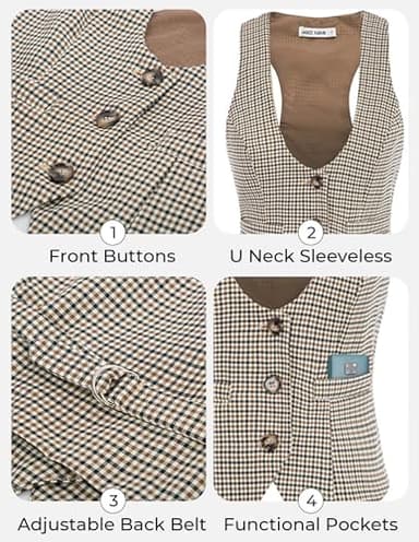 GRACE KARIN Vest Top for Women Brown Lightweight Dressy Suit Vest(M, Brown Plaid) - Image 3