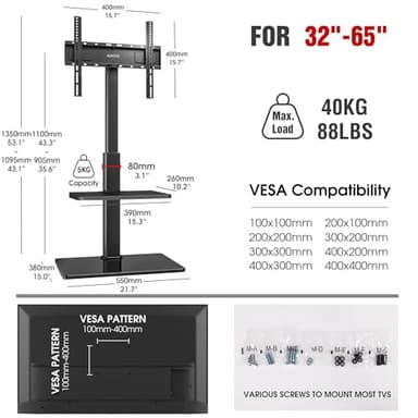 AOKCOS Floor TV Stand with 60-Degree Swivel, TV Floor Stand for 32-65 inch TVs up to 88lbs with Tilt, 8 Level Height Adjustable Tall TV Mount Stand with Shelf, Tempered Glass Base, MAX VESA 400x400mm - Image 7