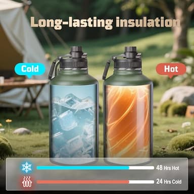 ONETIGRIS Tactical Half Gallon Water Bottle with Straw - 64 oz Vacuum Insulated Stainless Steel Water Jug, Leakproof Sport Bottle with 3 BPA Free Lids, Paracord Handle & MOLLE Water Pouch for Outdoor - Image 2