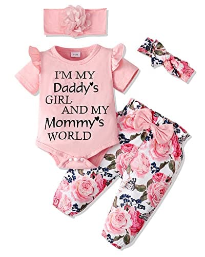 SUNNY PIGGY Newborn Baby Girl Clothes Ruffle Short Sleeve Romper Clothes Baby Girls’ Clothing Floral Cotton Pant Sets 0-3 Months Girl Outfits Pink - Image 1