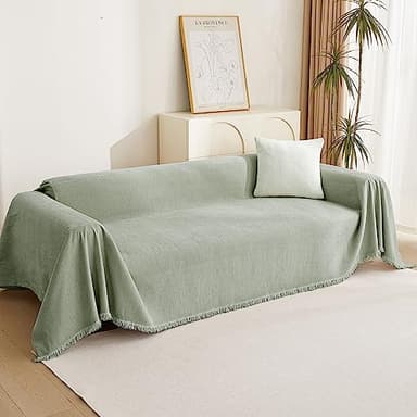 MYSKY HOME Sectional Couch Cover Blanket Living Room Furniture Protector for Pets, Farmhouse Home Decor Sofa Covers Tassel Chenielle Sofa Slipcover Soft Throw Couch for Dogs, 71" X 150", Sage Green - Image 9