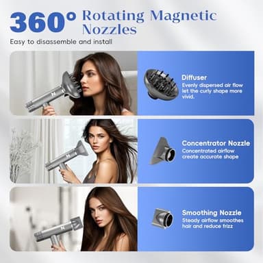 Natrial Ionic Professional Hair Dryer with Diffuser for Curly Hair,1600W&110000RPM High Speed Blow Dryer for Women,Fast Drying,Lock Function,Low Noise,Lightweight for Home Travel Salon,Grey&Silver - Image 6