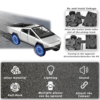 Miortior Truck Toy, Car Toy with RV, Motorcycle Cybertquad and Truck, 1/32 Alloy Diecast Pickup Trailer Model Kit with Light and Sound, for Kids Aged 6 and Up - Silver - Image 2