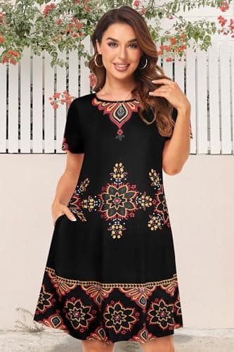 elescat Sundresses for Women Summer Casual Beach Short Sleeve Swing Pockets Loose Fit Flowy T Shirt Dress (Black Red Boho, L) - Image 3