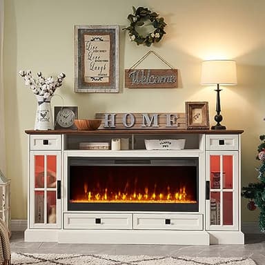 OKD Fireplace TV Stand for 80 Inch TV, Farmhouse Entertainment Center with 42" Fireplace & LED Lights, Modern Media Console Table with Storage Drawers & Cabinets for Living Room, Antique White - Image 2