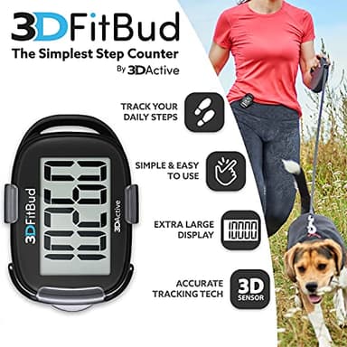 3DFitBud Simple Step Counter Walking 3D Pedometer by 3DActive with Clip, Lanyard Accurate Fitness Tracker for Men, Women & Elderly Daily Exercise A420S - Black - Image 2
