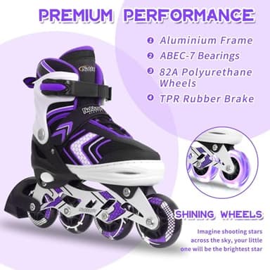 Adjustable Inline Skates for Girls, Girls Roller Skates with All Light up Wheels for Big Kids, Purple, Size 1 2 3 4 - Image 3