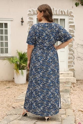 Keluummi Plus Size Wedding Guest Maxi Dresses for Curvy Women, Summer Formal Floral V Neck 3/4 Sleeve A Line Long Party Dress(20 Plus, 10 - Black Floral) - Image 4
