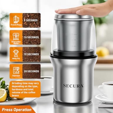 Secura Electric Coffee Grinder and Spice Grinder with 2 Stainless Steel Blades Removable Bowls - Image 4