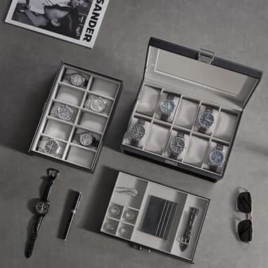 ProCase 20 Slot Watch Box for Men, 3-Layer Watch Display Case with Glass Lid, Watch Holder with Drawer, Jewelry Storage Organizer for Watches Straps Rings -Black - Image 3