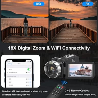 8K Video Camera Camcorder 64MP YouTube Vlogging Cameras IR Night Vision WiFi Webcam Camcorders with 18X Digital Zoom 3.0”Touch Screen Stabilizer, Mic, 64G SD Card, Remote Control and 2 Batteries - Image 3