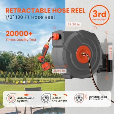 3rd Generation Retractable Garden Hose 130 ft x 1/2 inch Heavy Duty Wall-Mounted Hose Reels for Outside 180° Swivel Automatic Slow Return Any Length Lock 9 Pattern Nozzle UV Resistant (Black) - Image 2