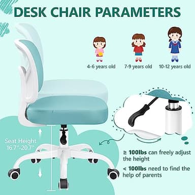 Primy Kids Desk Chair, Pink Study Chair for Boys Girls with Height Adjustable, Swivel Mesh Task Student Chairs for 4-12, Growing Teen Office Chair for Home/School/Office (Teal) - Image 3